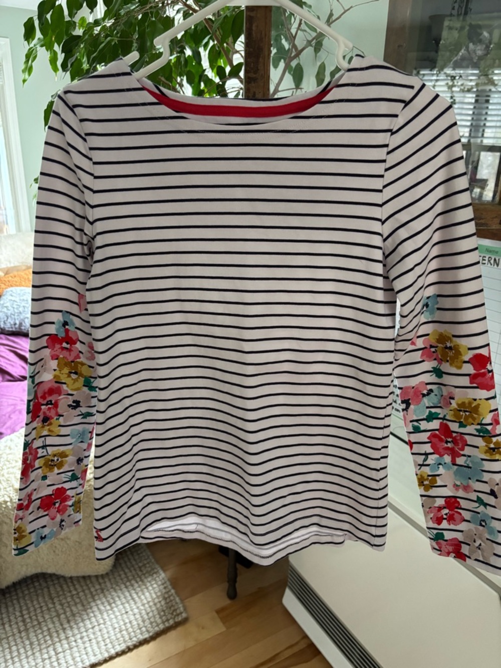 Joules Striped Boatneck Long-Sleeve Top with Floral Sleeve Detail - White/Navy